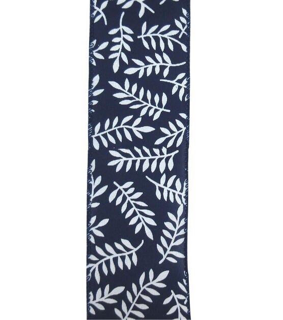 Save the Date 2.5" x 15' White Ferns on Navy Ribbon, , hi-res, image 2