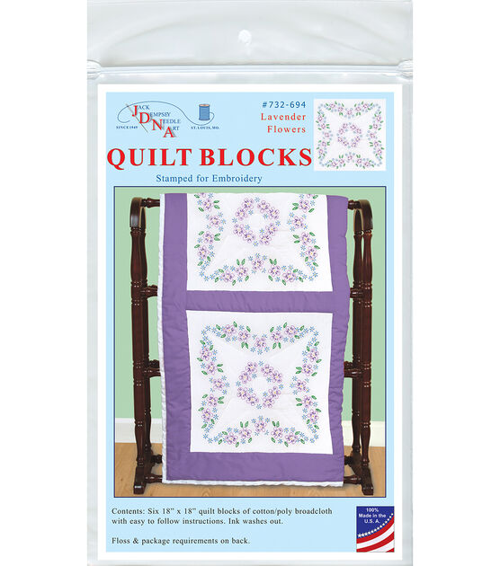 Jack Dempsey Needle Art 18" Lavender Flowers Stamped Quilt Blocks 6pk