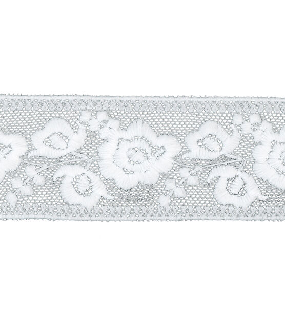 Simplicity Embroidered Mesh Trim 1.75'' White Rose