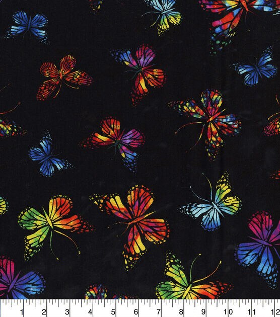 Hi Fashion Vibrant Butterflies On Black Premium Print Cotton Fabric, , hi-res, image 2