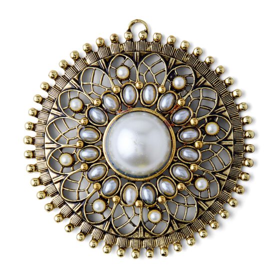 71mm Gold & Ivory Metal Medallion Pendant With Pearls by hildie & jo, , hi-res, image 2