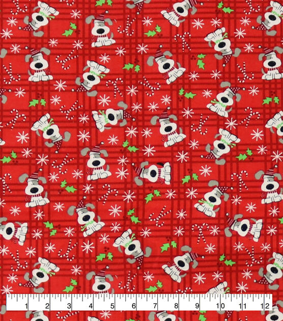 Spotted Pups on Plaid Super Snuggle Christmas Flannel Fabric