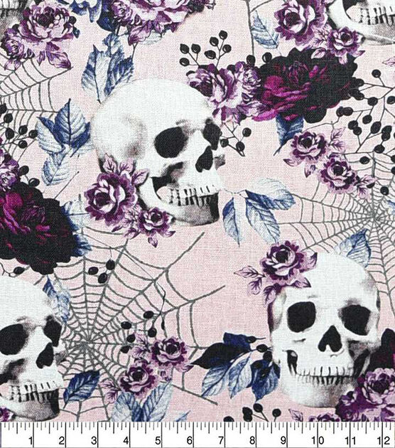 Skulls And Fall Floral Pink Halloween Cotton Fabric, , hi-res, image 2