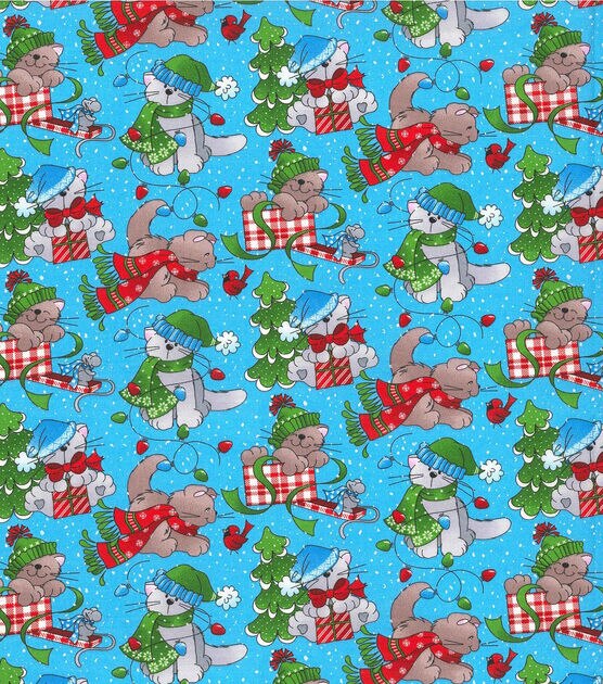 Fabric Traditions Cat & Present on Blue Christmas Cotton Fabric
