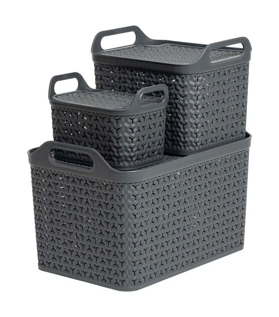 17" x 10" Charcoal Plastic Storage Basket With Lid by Top Notch, , hi-res, image 3