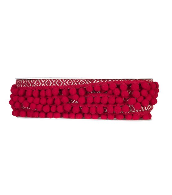 Simplicity Jacquard Pom Pom Trim 1.5" Red & White, , hi-res, image 3