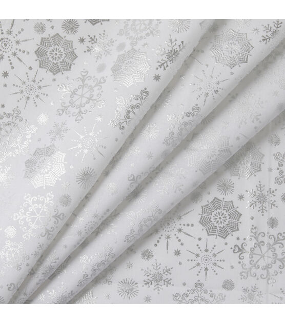 Snowflakes on White Christmas Foil Cotton Fabric, , hi-res, image 2