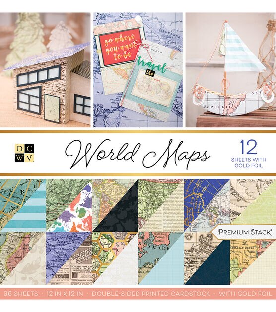 DCWV 36 Sheet 12" x 12" World Maps Double Sided Printed Cardstock