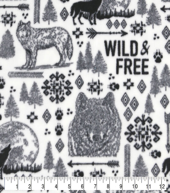 Black Wild & Free on White Anti Pill Fleece Fabric