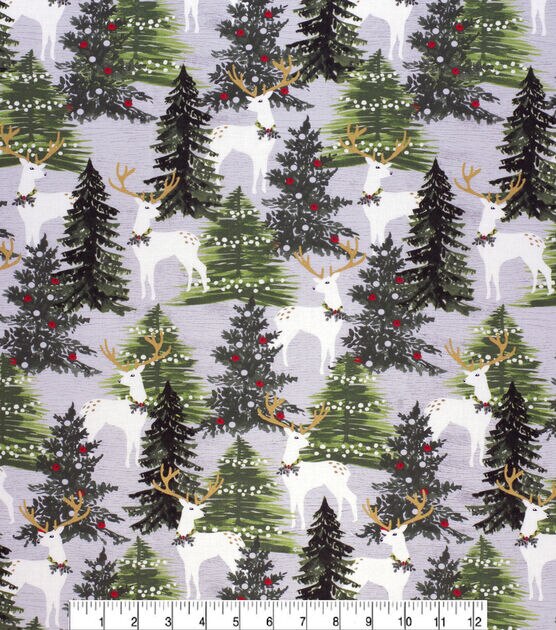 White Deer & Trees Christmas Metallic Cotton Fabric, , hi-res, image 2