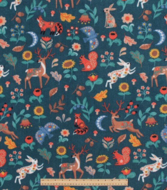 Folk Woodland Animals on Teal Anti Pill Fleece Fabric, , hi-res, image 2