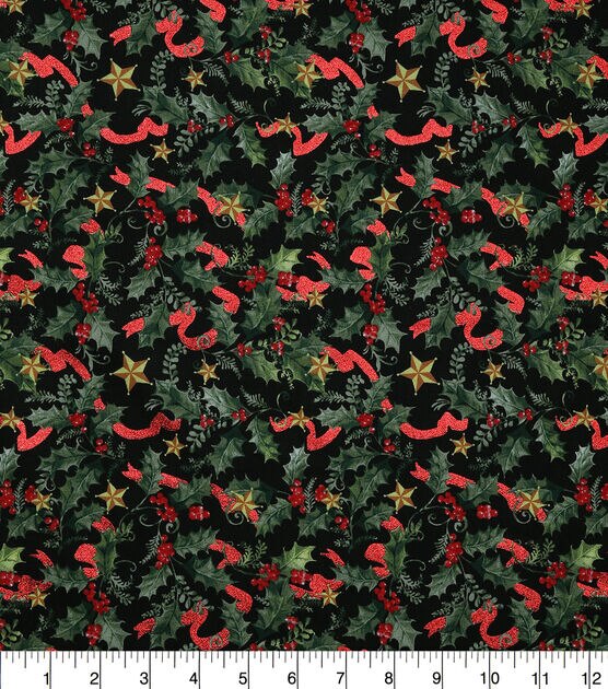 Holly & Foiled Ribbons Christmas Cotton Fabric, , hi-res, image 2