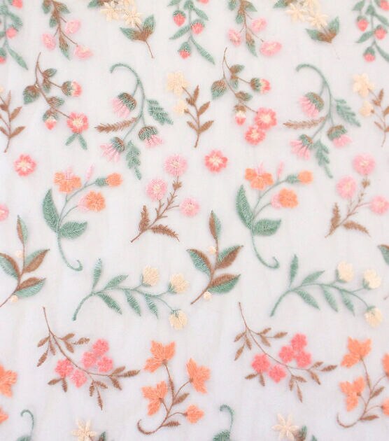 Wild Flower on White Scallop Edge Embellished Mesh Fabric by Sew Sweet