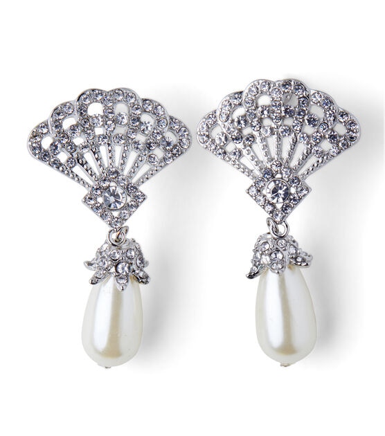 2" Silver Fan Earrings With Teardrop Pearl by hildie & jo, , hi-res, image 2