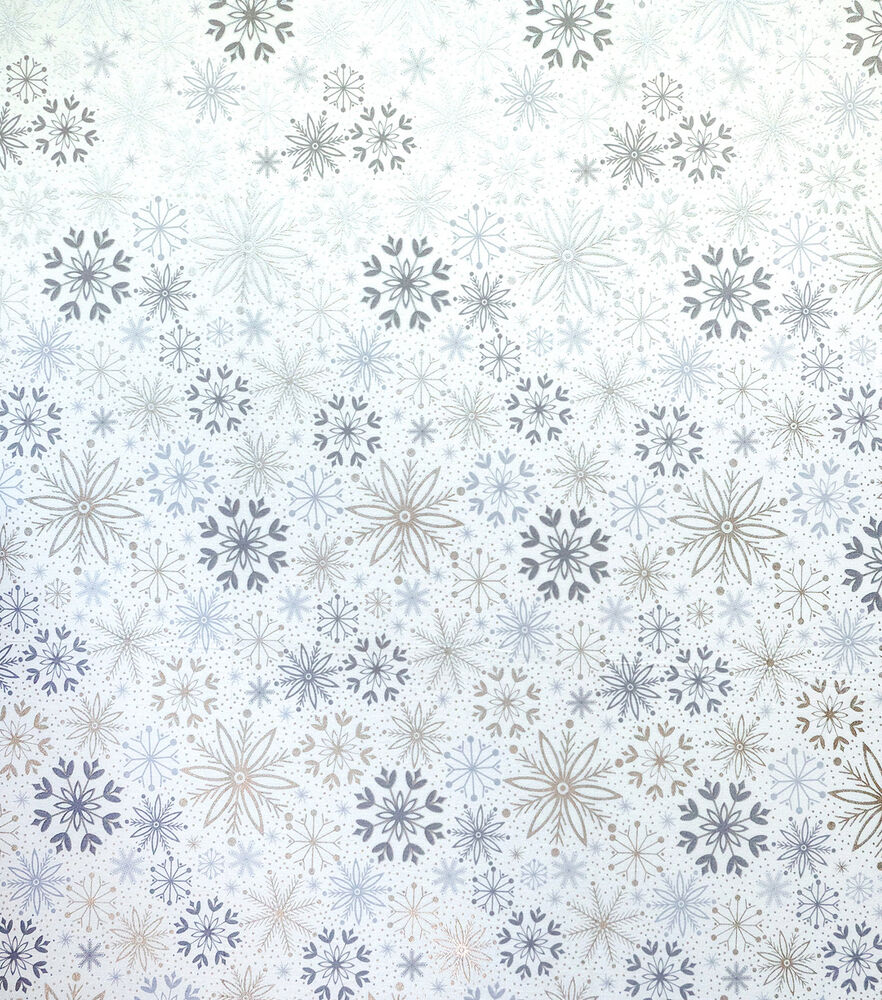 Silver Snowflakes on White Christmas Foil Cotton Fabric, White, swatch