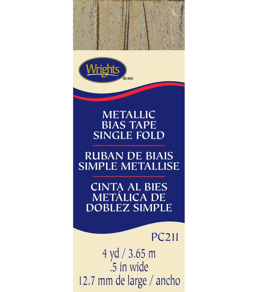Wrights 1/2" x 4yd Single Fold Bias Tape, Gold Lame, swatch