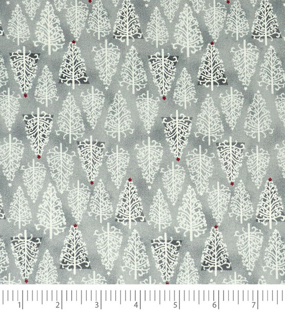 Singer Santa's Trees on Gray Christmas Cotton Fabric