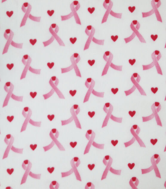 Pink Ribbons & Hearts on White Anti Pill Fleece Fabric