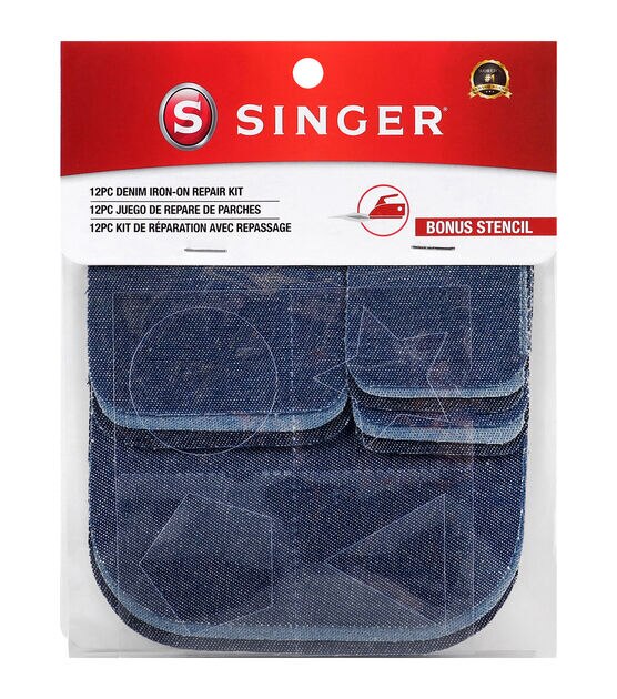 SINGER Fabric Iron-On Denim Patches with Stencil, Assorted Sizes, 12 ct