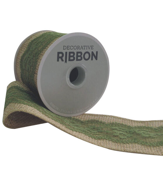 Decorative Ribbon 2.5''x12' Lace on Burlap Green