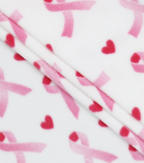 Pink Ribbons & Hearts on White Anti Pill Fleece Fabric, , hi-res, image 2