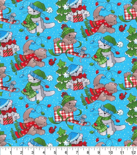 Fabric Traditions Cat & Present on Blue Christmas Cotton Fabric, , hi-res, image 2