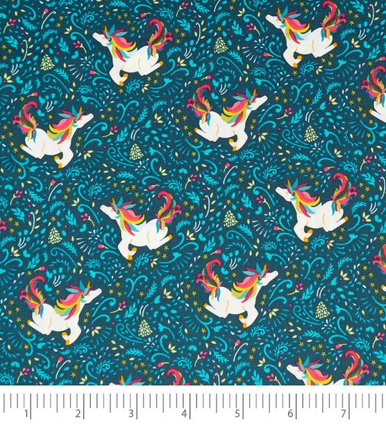 Singer Unicorns & Leaf on Blue Christmas Cotton Fabric