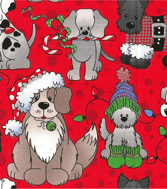 Fabric Traditions Pups on Red Christmas Glitter Cotton Fabric, , hi-res, image 3