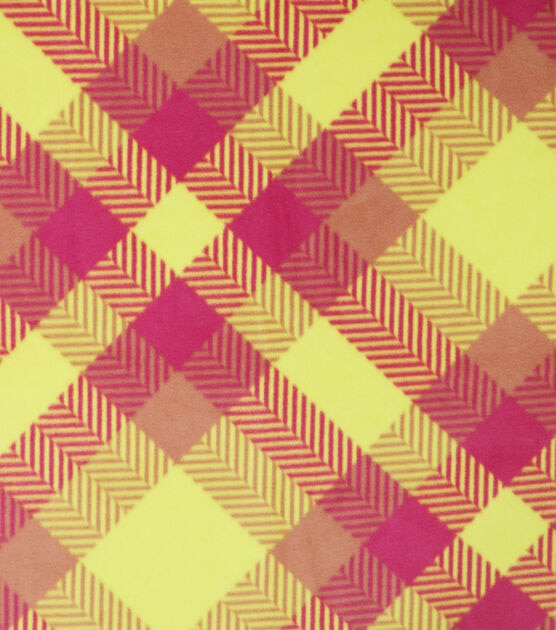 Yellow & Pink Diagonal Plaid Anti Pill Fleece Fabric, , hi-res, image 1