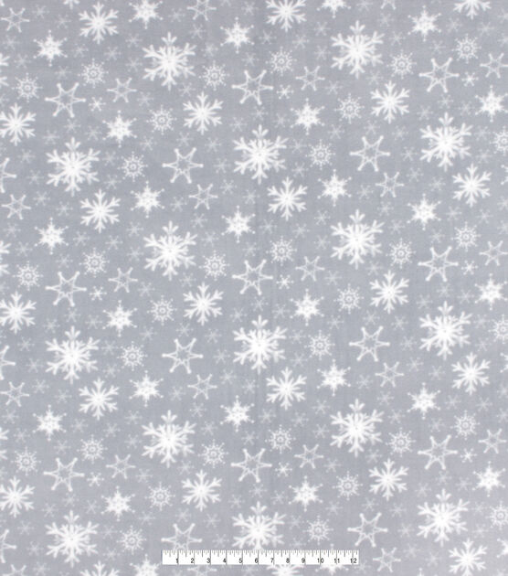 White Snowflakes on Gray Anti Pill Fleece Fabric, , hi-res, image 4