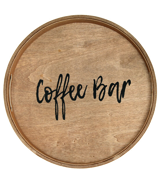 Elegant Designs 13.75" Round Wood Serving Tray w/ Handles, "Coffee Bar"