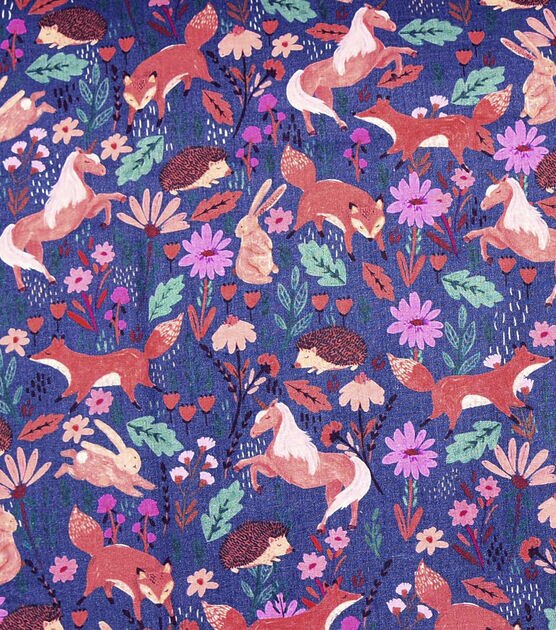 Horses And Squirrels Folk Blu Novelty Print Fabric