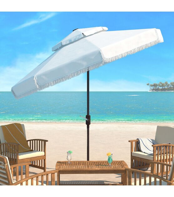 Safavieh 9' Milan White Fringe Double Top Crank Patio Umbrella, , hi-res, image 3