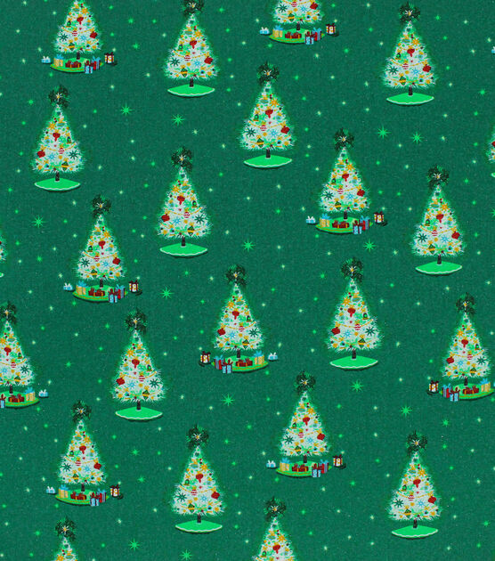 Trees on Green Christmas Glitter Cotton Fabric