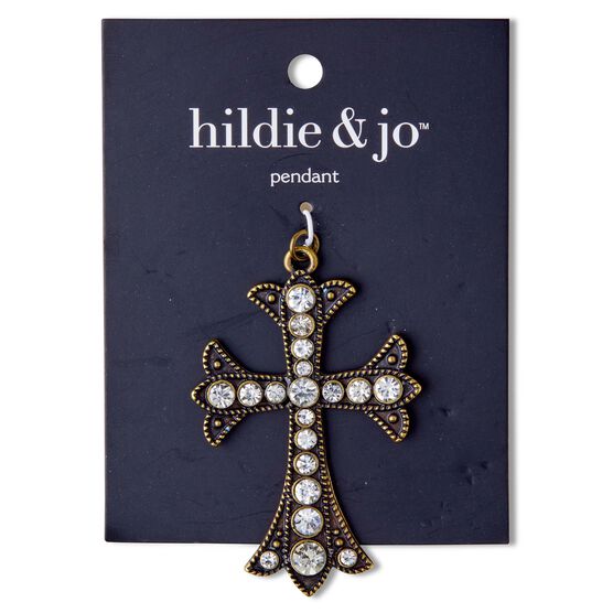 2.5" x 2" Antique Gold Cross Pendant With Clear Crystals by hildie & jo