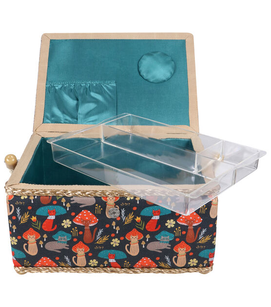 Print Design Sewing Basket, Sewing Kit Storage Box with Removable Tray,  Built-in Pin Cushion and Interior Pocket
