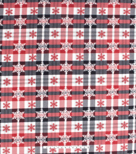 Snowflakes on Red & Black Plaid Anti Pill Fleece Fabric, , hi-res, image 4