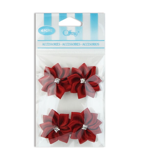 Offray 4pk Red Rhinestone Center Flower Ribbon Accessories