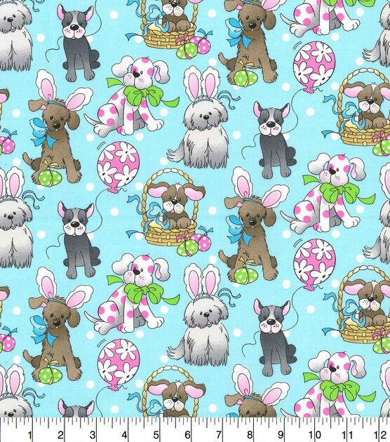 Fabric Traditions Spring Holiday Pups Blue Easter Cotton Fabric