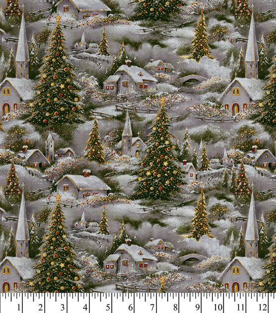 David Textiles Winter Village Scene on Gray Christmas Cotton Fabric