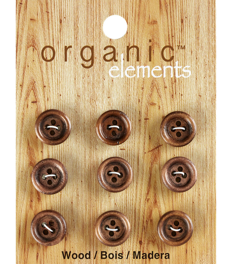 Organic Elements 1/2" Wood Round 4 Hole Buttons 9pk, Light Brown, swatch