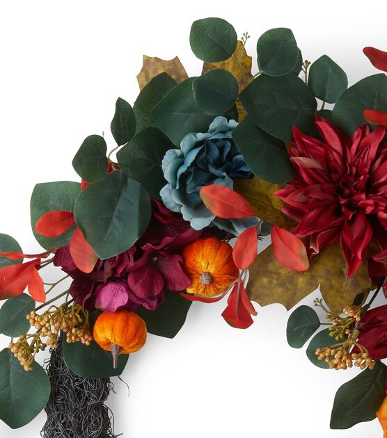23" Fall Red Dahlia & Blue Hydrangea Asymetrical Wreath by Bloom Room, , hi-res, image 2