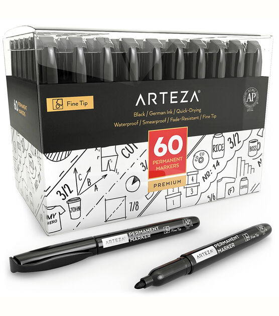 Arteza Waterproof Permanent Marker Set Black Fine Tip 60pk