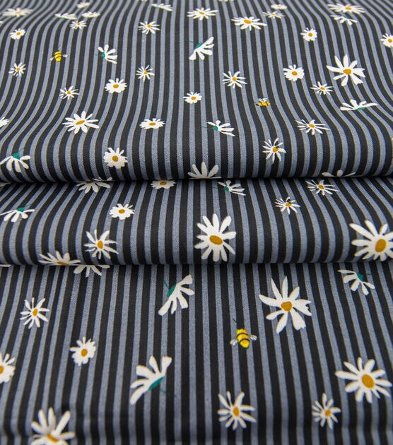 Flowers on Black & Gray Striped Quilt Cotton Fabric by Keepsake Calico, , hi-res, image 4