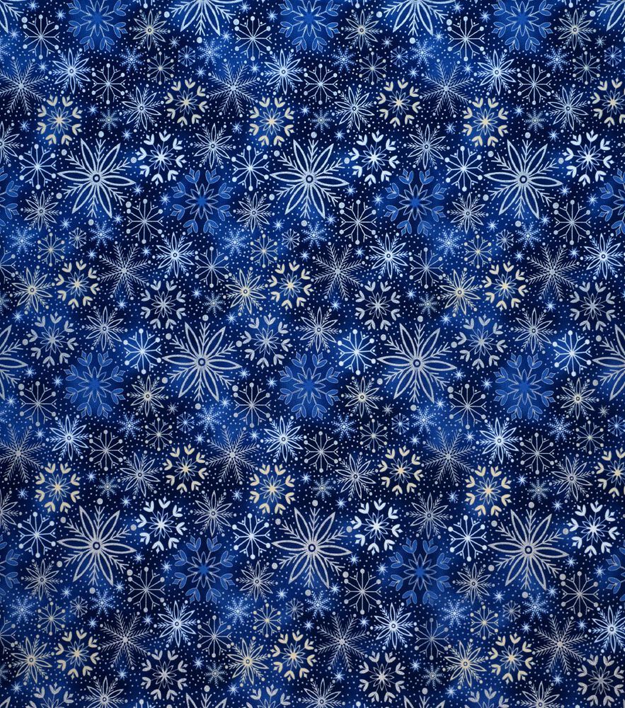 Silver Snowflakes on White Christmas Foil Cotton Fabric, Blue, swatch