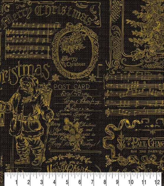 Compliment Season on Black Christmas Metallic Cotton Fabric