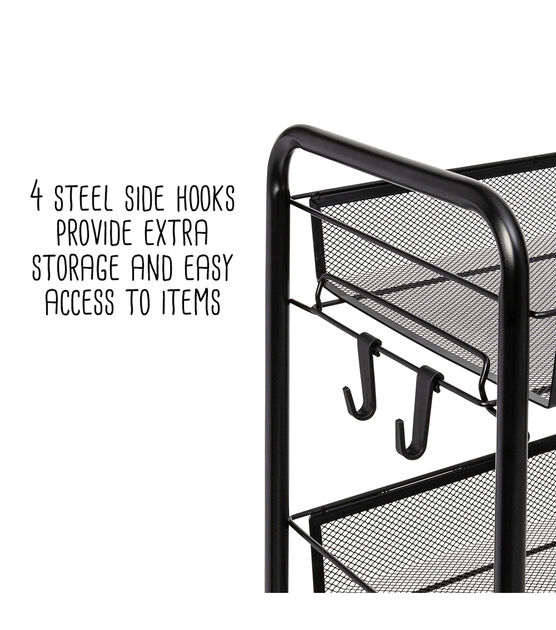 Honey Can Do 17.5" x 41" Black 5 Tier Storage Cart With 4 Hooks & Wheels, , hi-res, image 11