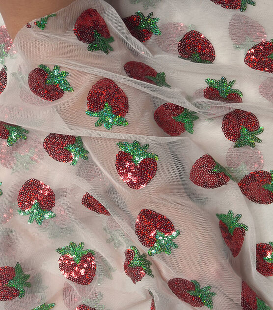 Sequined Strawberry On Pink Mesh Fabric