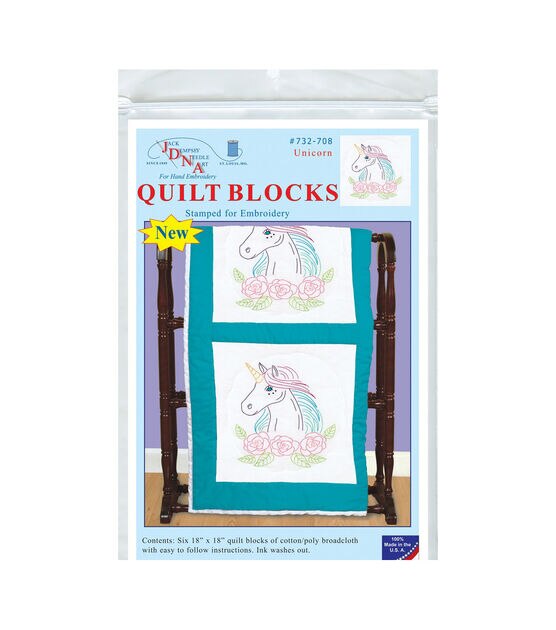 Jack Dempsey Needle Art 18" Unicorn on White Stamped Quilt Blocks 6pk