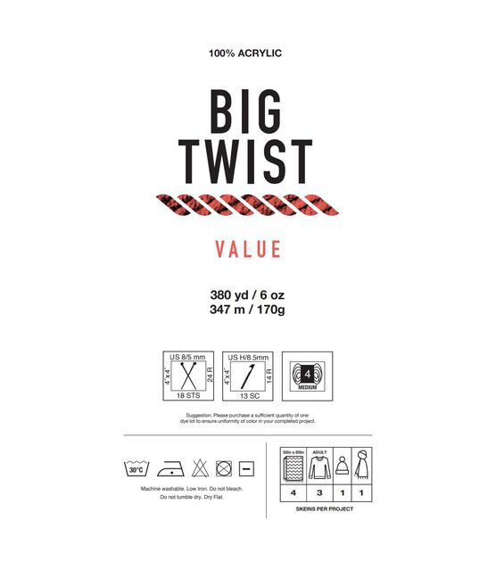 Solid Worsted Acrylic 380yd Value Yarn by Big Twist, , hi-res, image 2